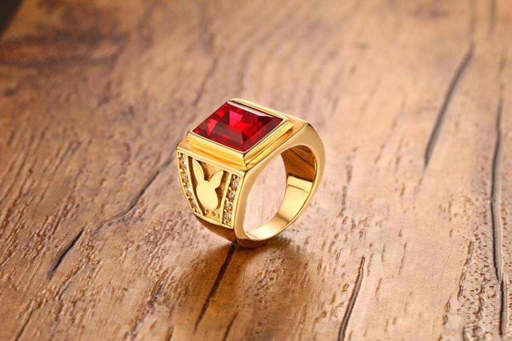 Men's Red CZ Diamond Rings Charming Gold Plated Large Ring Men Jewelry