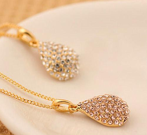 Shiny Gold For Plated Silver Women Jewelry Teardrop Necklace Crystal Pendant